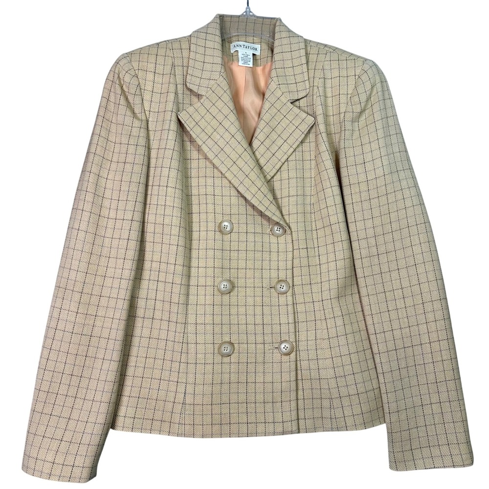Ann Taylor Wool Double Breasted Windowpane Plaid Blazer Jacket Sz 4 VTG USA Made